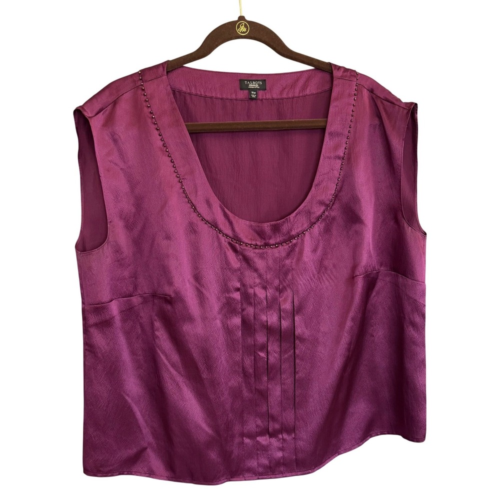 Talbots Silk Blouse Career Purple Beaded Pintuck Sleeveless‎ Womens 16W Petite
